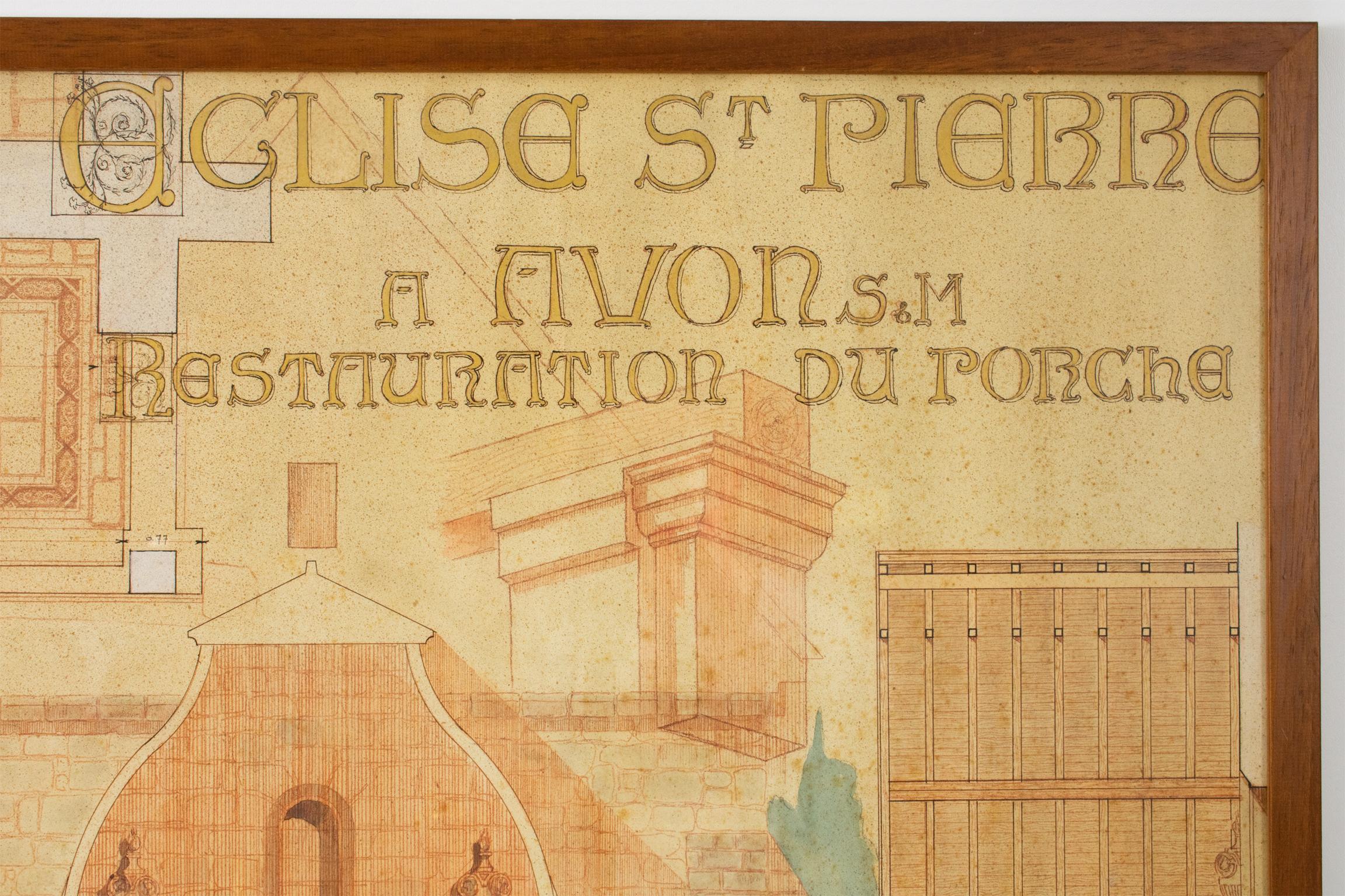 Bocetos de arquitectura Dibujo de estudio, Iglesia Romane en Francia por Maurice Lambert en venta 9