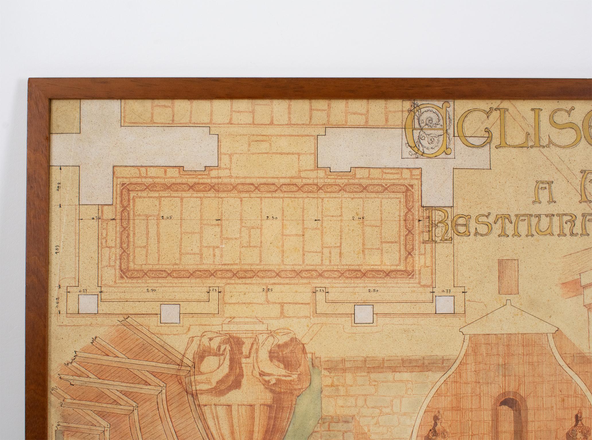 Bocetos de arquitectura Dibujo de estudio, Iglesia Romane en Francia por Maurice Lambert en venta 11