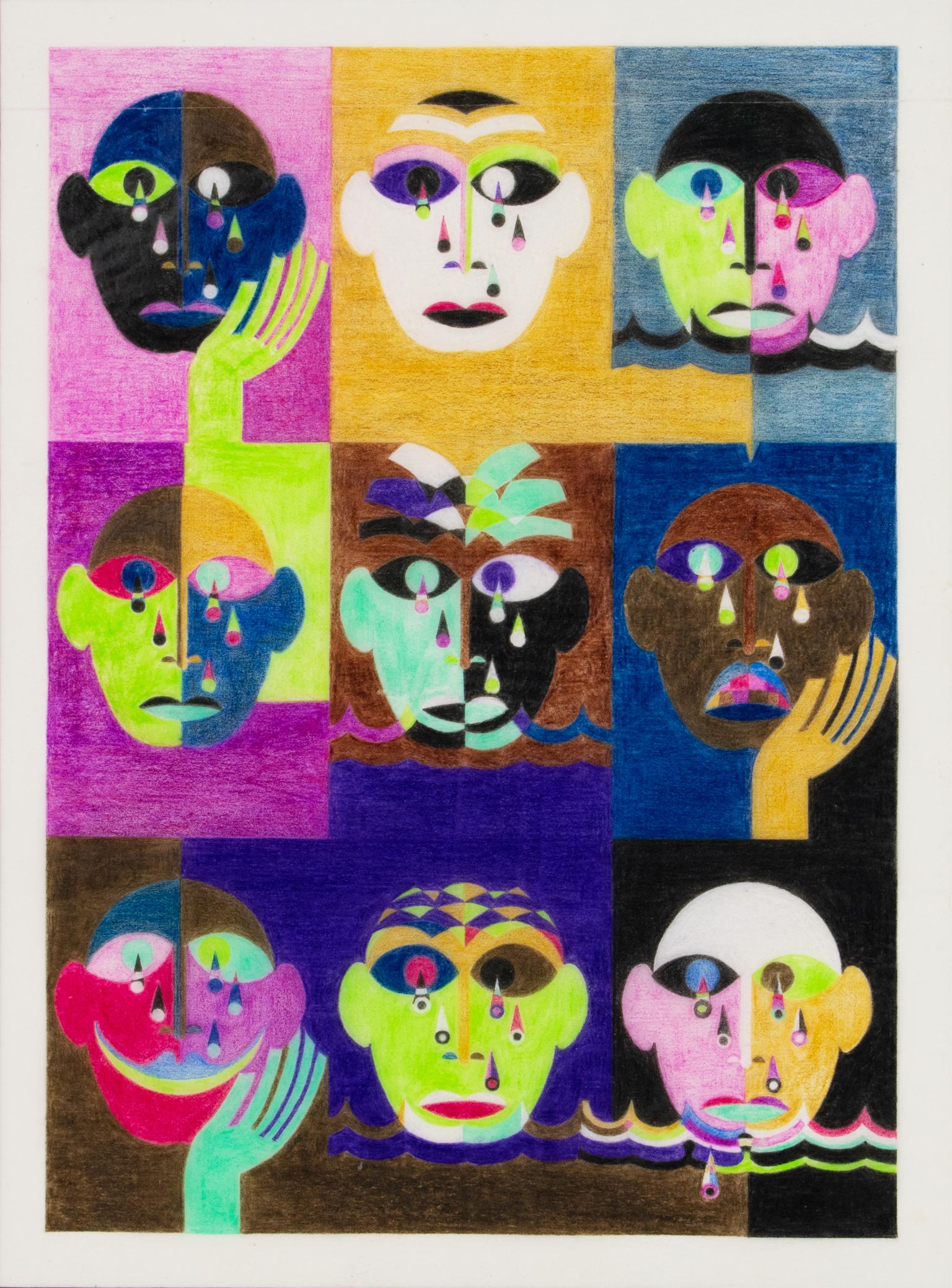 Lustige und traurige Gesichter, Surrealistische Geometrische Bunte Zeichnung, Frankreich 1960 im Angebot 1