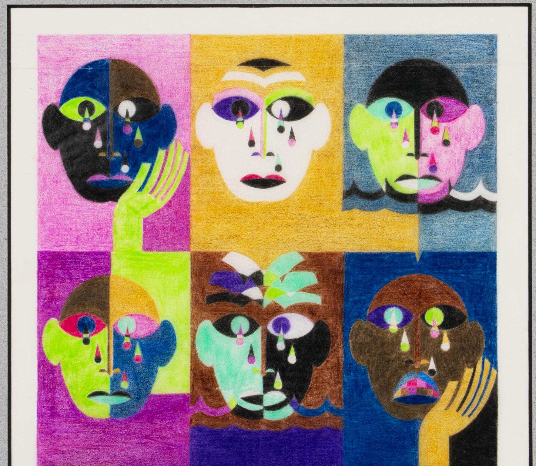 Lustige und traurige Gesichter, Surrealistische Geometrische Bunte Zeichnung, Frankreich 1960 im Angebot 2