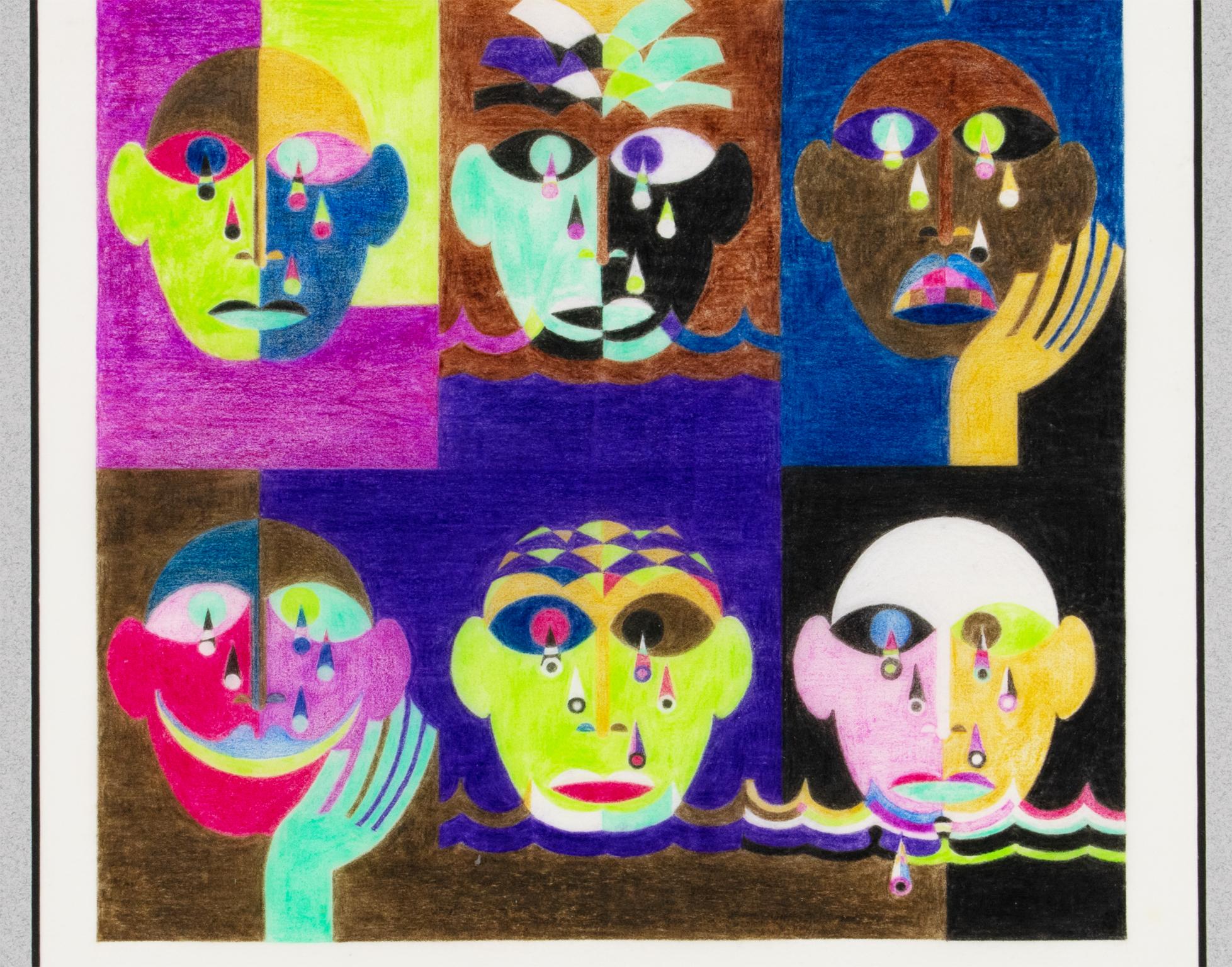 Lustige und traurige Gesichter, Surrealistische Geometrische Bunte Zeichnung, Frankreich 1960 im Angebot 3