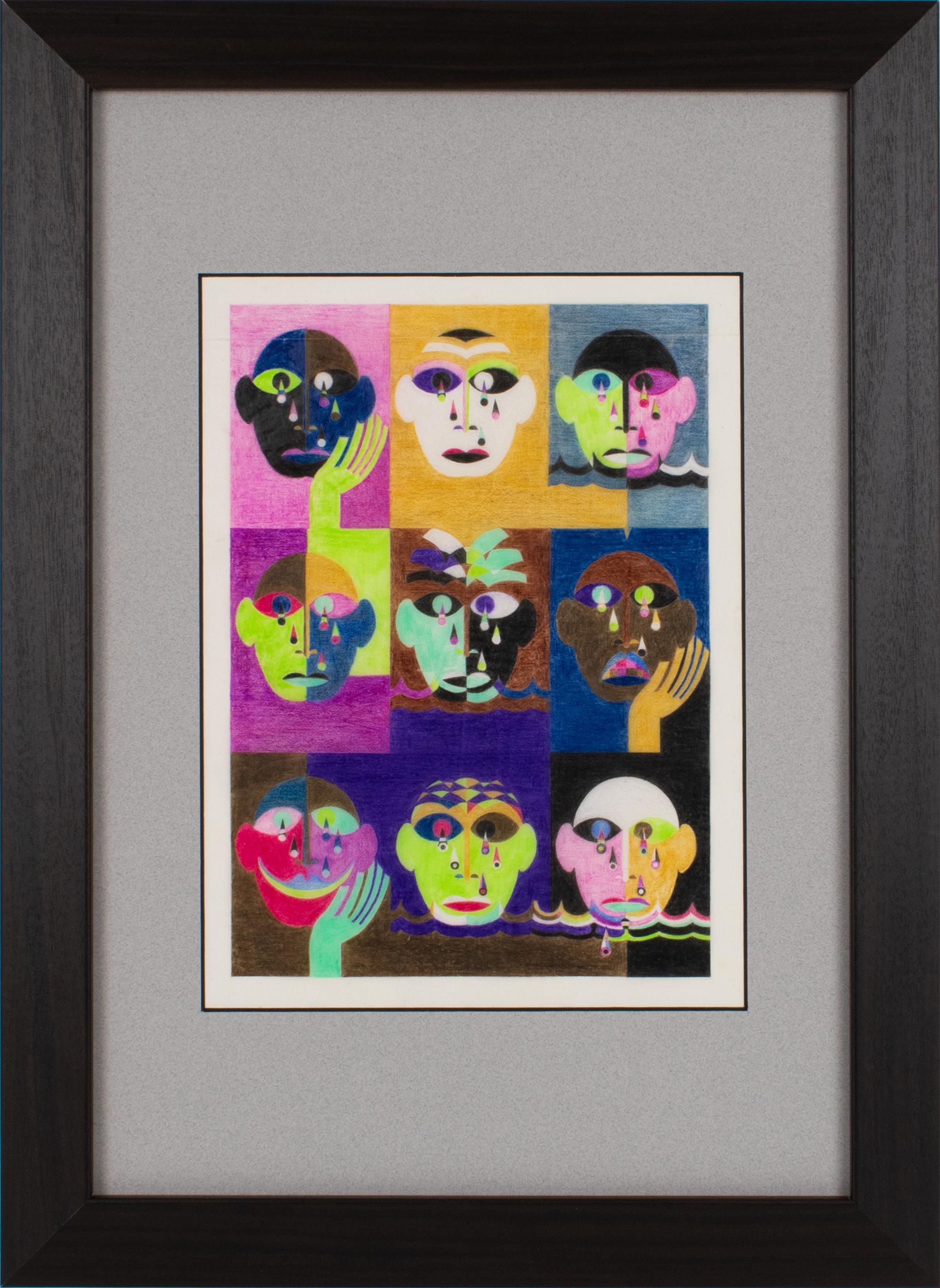 Funny and Sad Faces, Surrealist Geometric Colorful Drawing, France 1960
