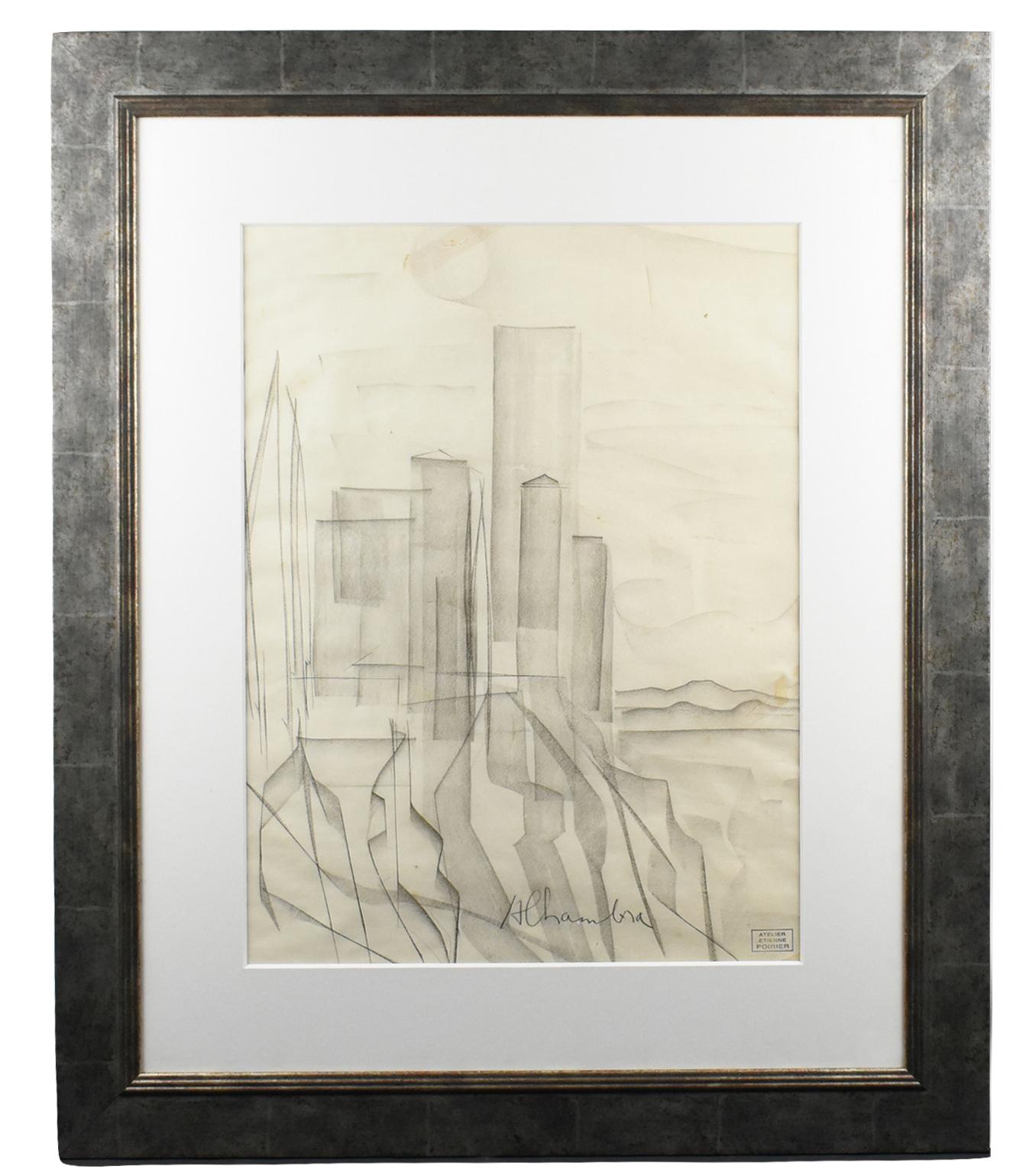 Château de l'Alhambra en Espagne, dessin au fusain d'Etienne Poirier, vers 1950 en vente 3