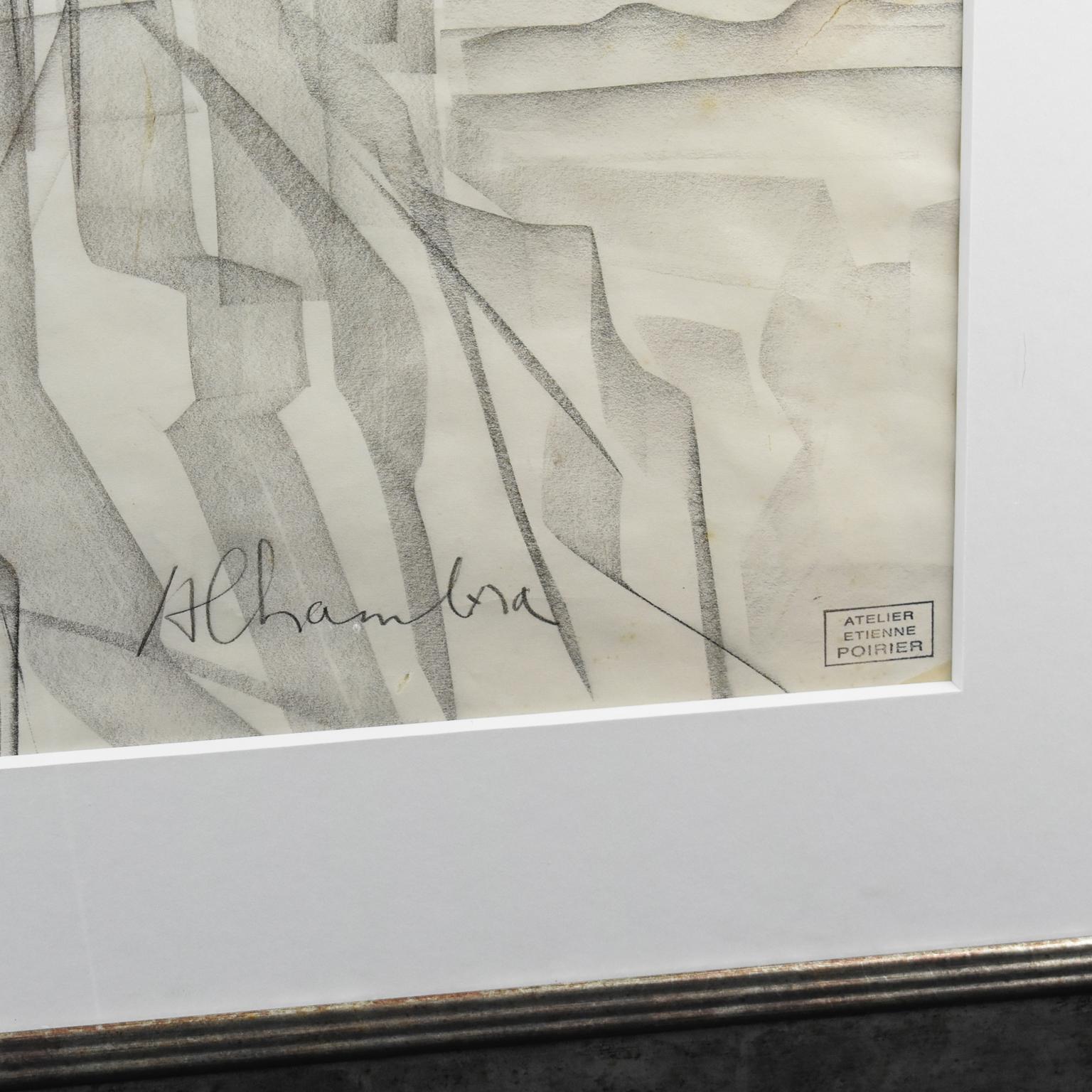 Château de l'Alhambra en Espagne, dessin au fusain d'Etienne Poirier, vers 1950 en vente 4