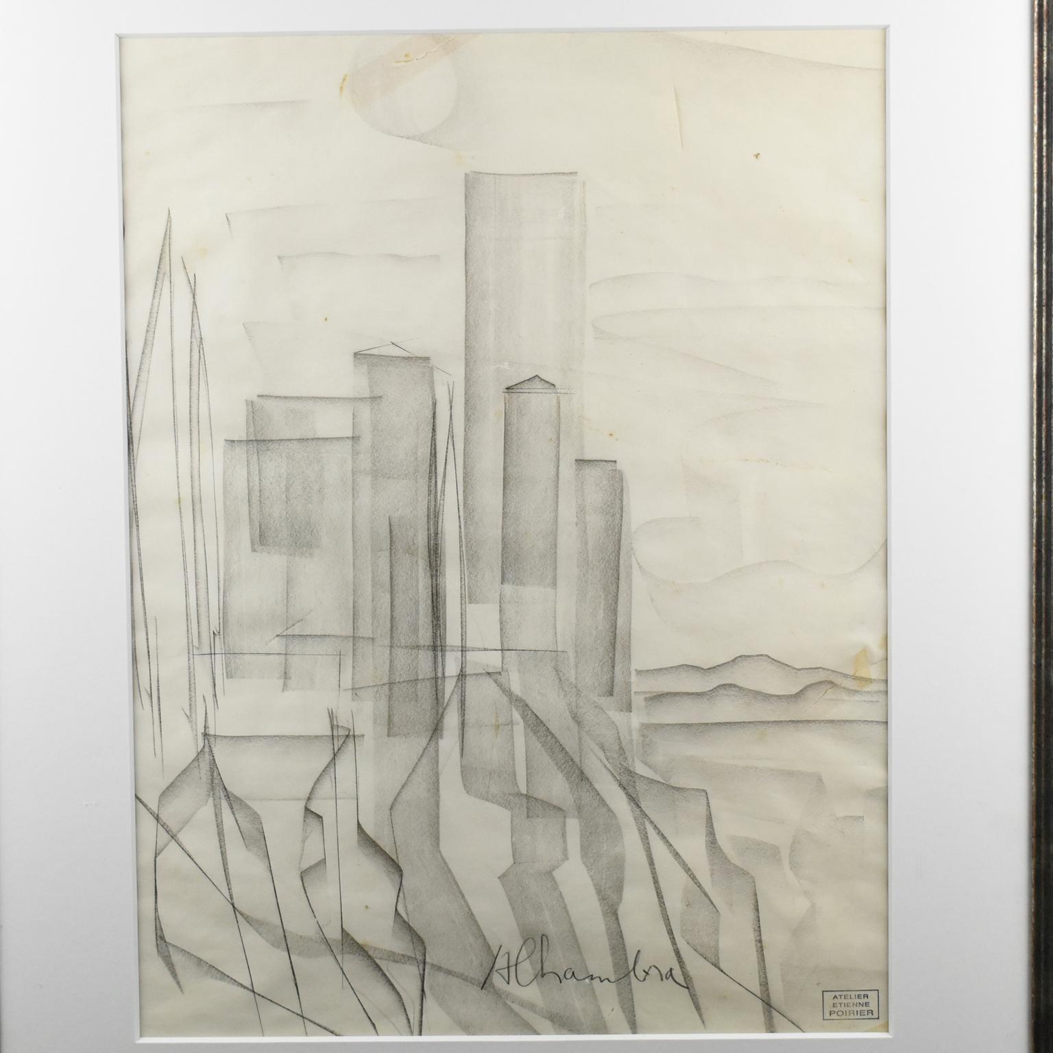Château de l'Alhambra en Espagne, dessin au fusain d'Etienne Poirier, vers 1950 en vente 5