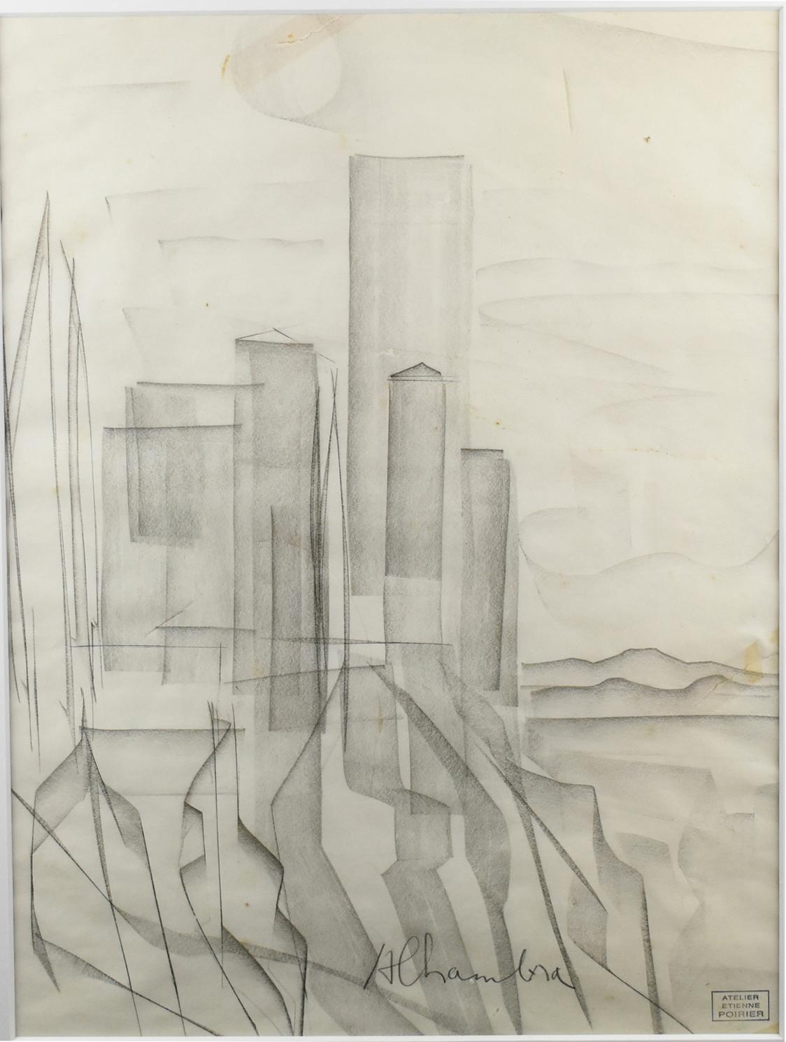 Château de l'Alhambra en Espagne, dessin au fusain d'Etienne Poirier, vers 1950 en vente 8