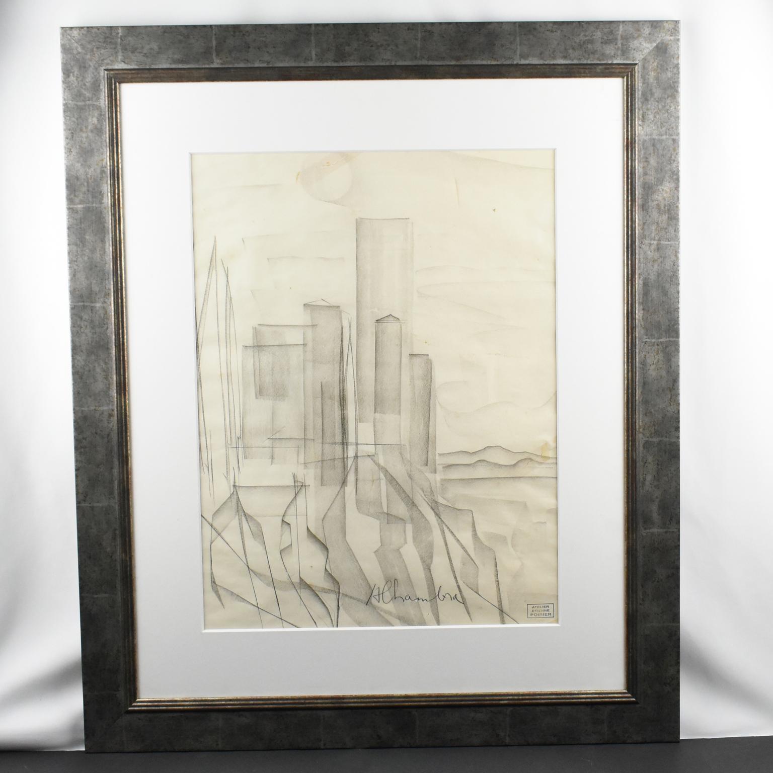 Château de l'Alhambra en Espagne, dessin au fusain d'Etienne Poirier, vers 1950 en vente 10