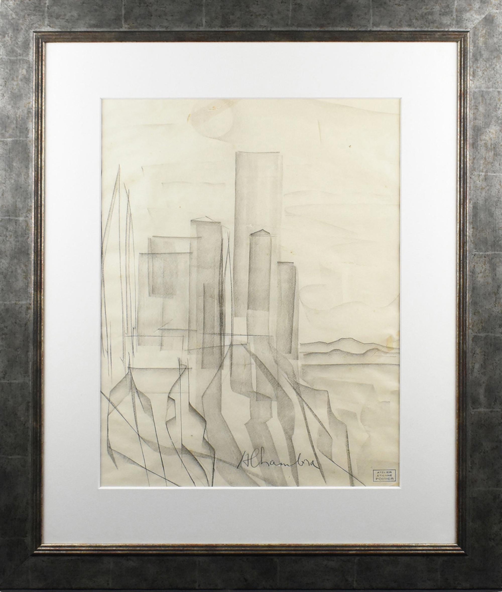 Un superbe dessin au fusain de l'artiste français Etienne Poirier (1919 - 2002). Cette œuvre rare est une composition au fusain sur papier représentant une interprétation du célèbre palais de l'Alhambra à Grenade, en Espagne. Cette composition