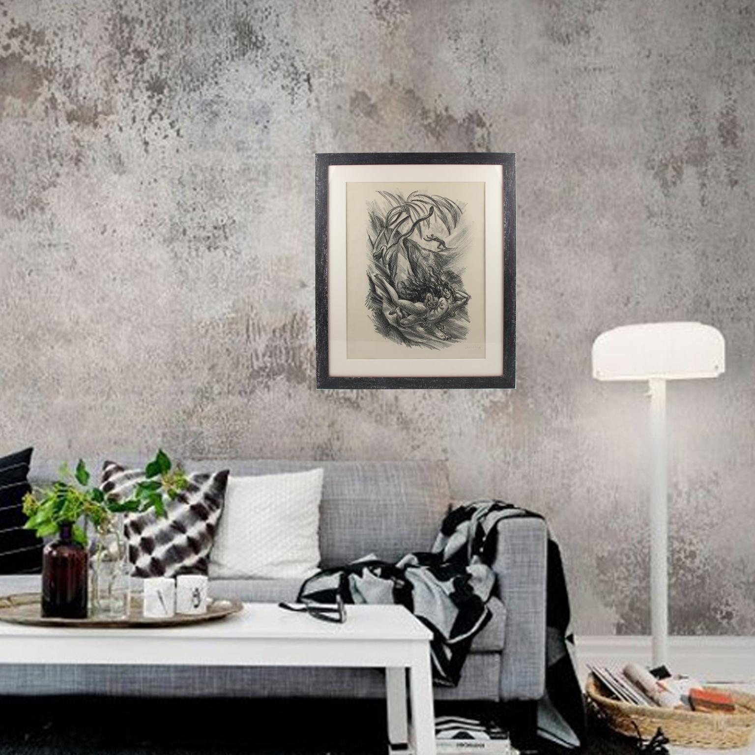 Art Deco Fantasy Charcoal Drawing Lithograph Print by Adolf Uzarski For Sale 1