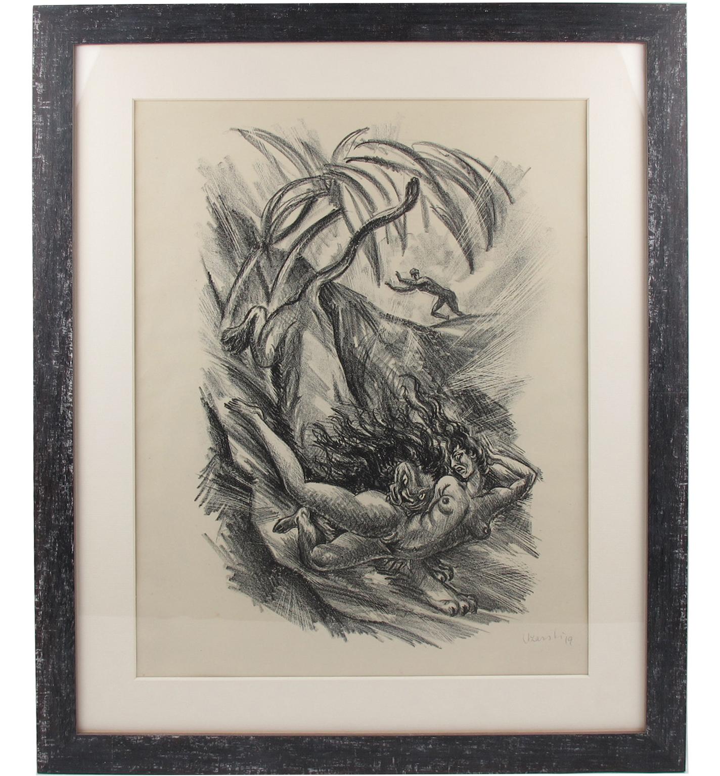 Art Deco Fantasy Charcoal Drawing Lithograph Print by Adolf Uzarski For Sale 3