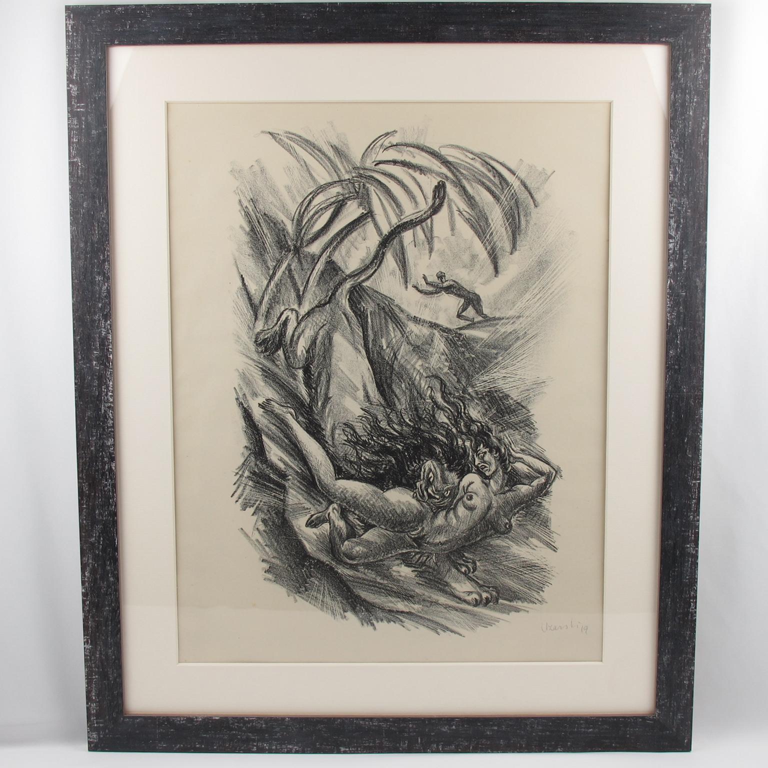 Art Deco Fantasy Charcoal Drawing Lithograph Print by Adolf Uzarski For Sale 8