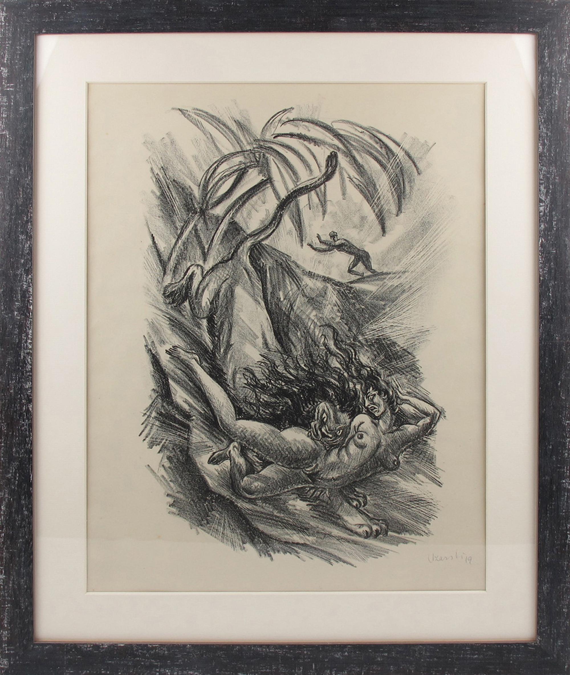 This stunning charcoal drawing lithograph print on paper depicting a fanciful lion kidnapping a young woman was designed by Adolf Uzarski (1885-1970), a German artist. This drawing is one of five lithographs created to illustrate scenes from the