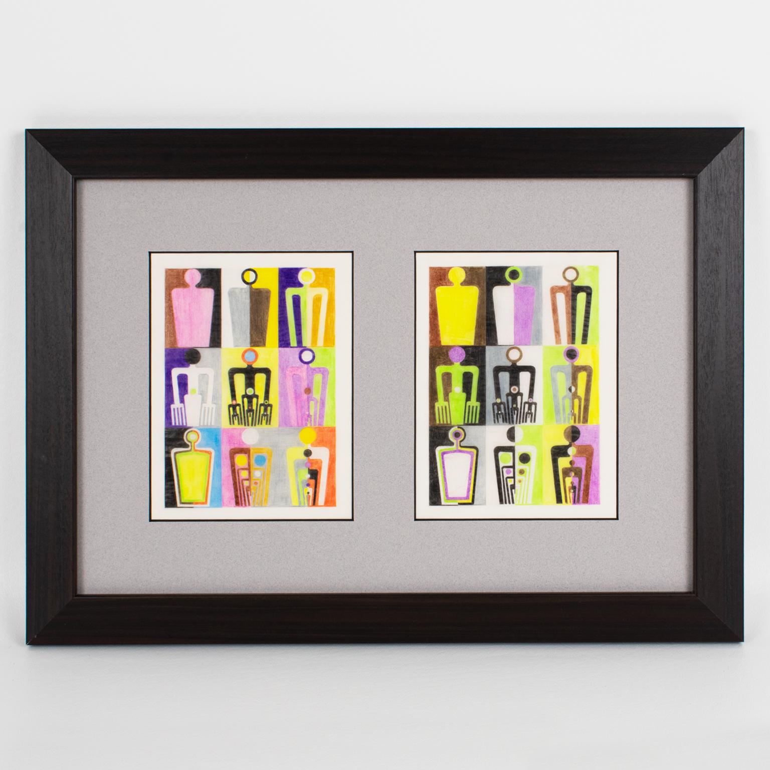 Disegni surrealisti con variazioni geometriche di colore, Francia 1960 - Abstract Drawing Grigio di Unknown