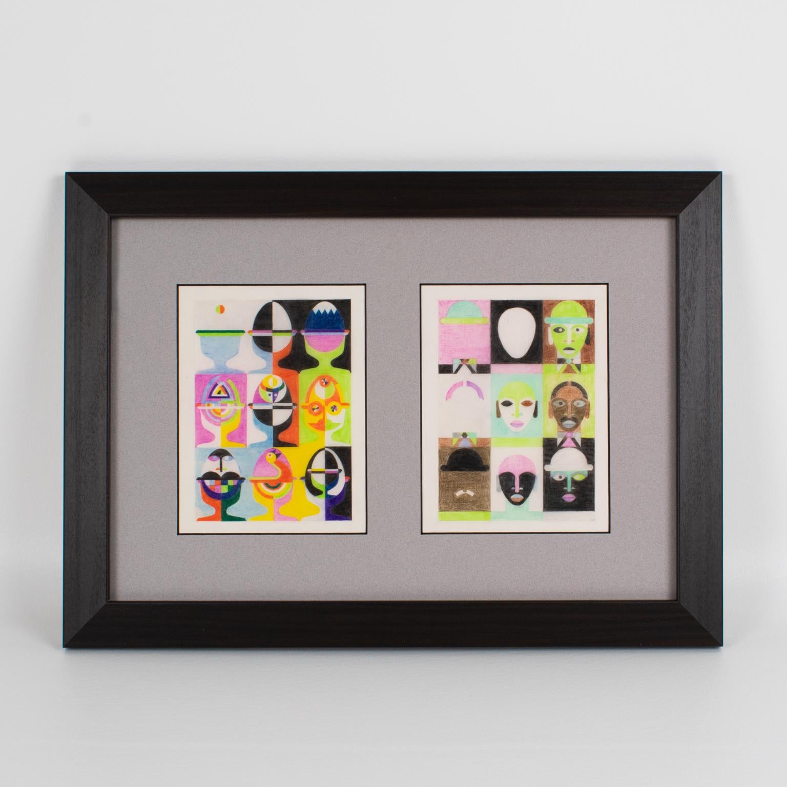 Ces dessins originaux exceptionnels, peints au crayon de couleur sur du papier calque translucide, ont été conçus par un artiste français, vers les années 1960. Les deux rares peintures présentent une étude géométrique d'une tête d'homme stylisée et