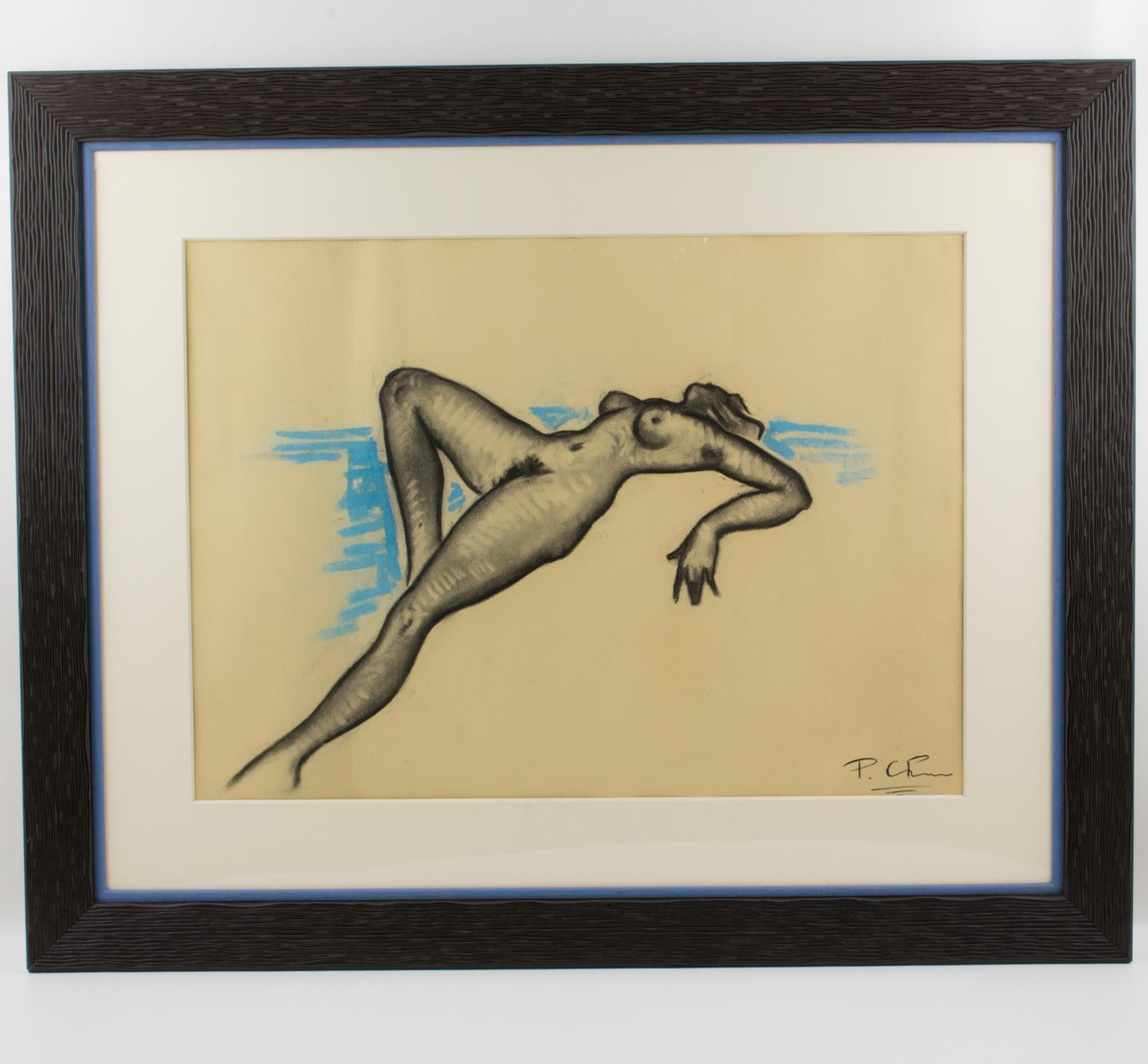 Étude de nu Dessin au crayon noir et bleu de la Russian School Pavlovitch Chem - Beige Nude par Alexandre Pavlovitch Chemetoff