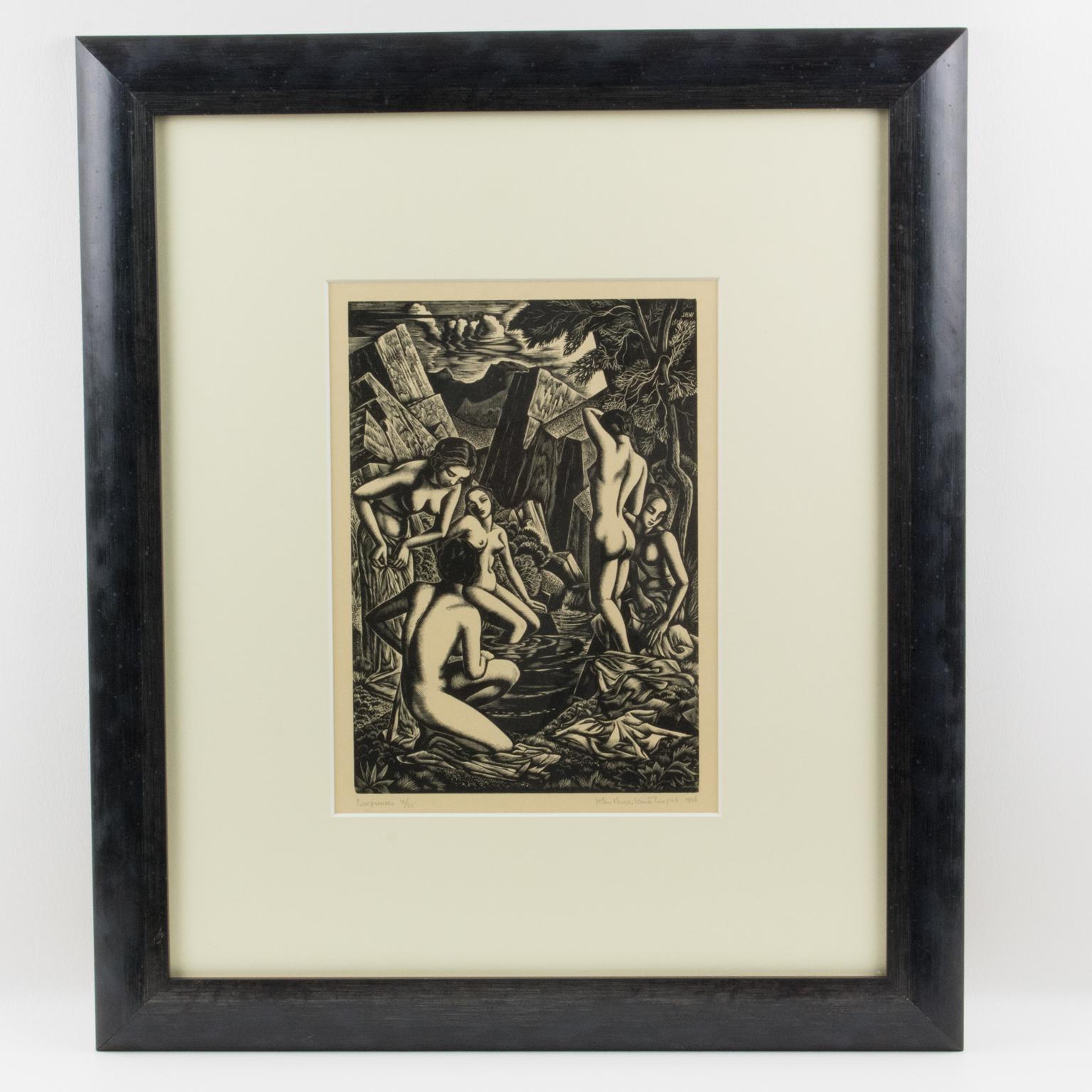 Los bañistas, grabado en madera, dibujo, litografía de John Buckland-Wright en venta 3