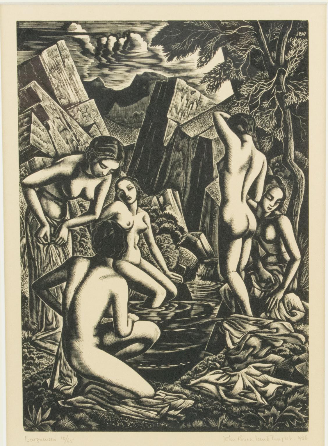 Los bañistas, grabado en madera, dibujo, litografía de John Buckland-Wright en venta 7