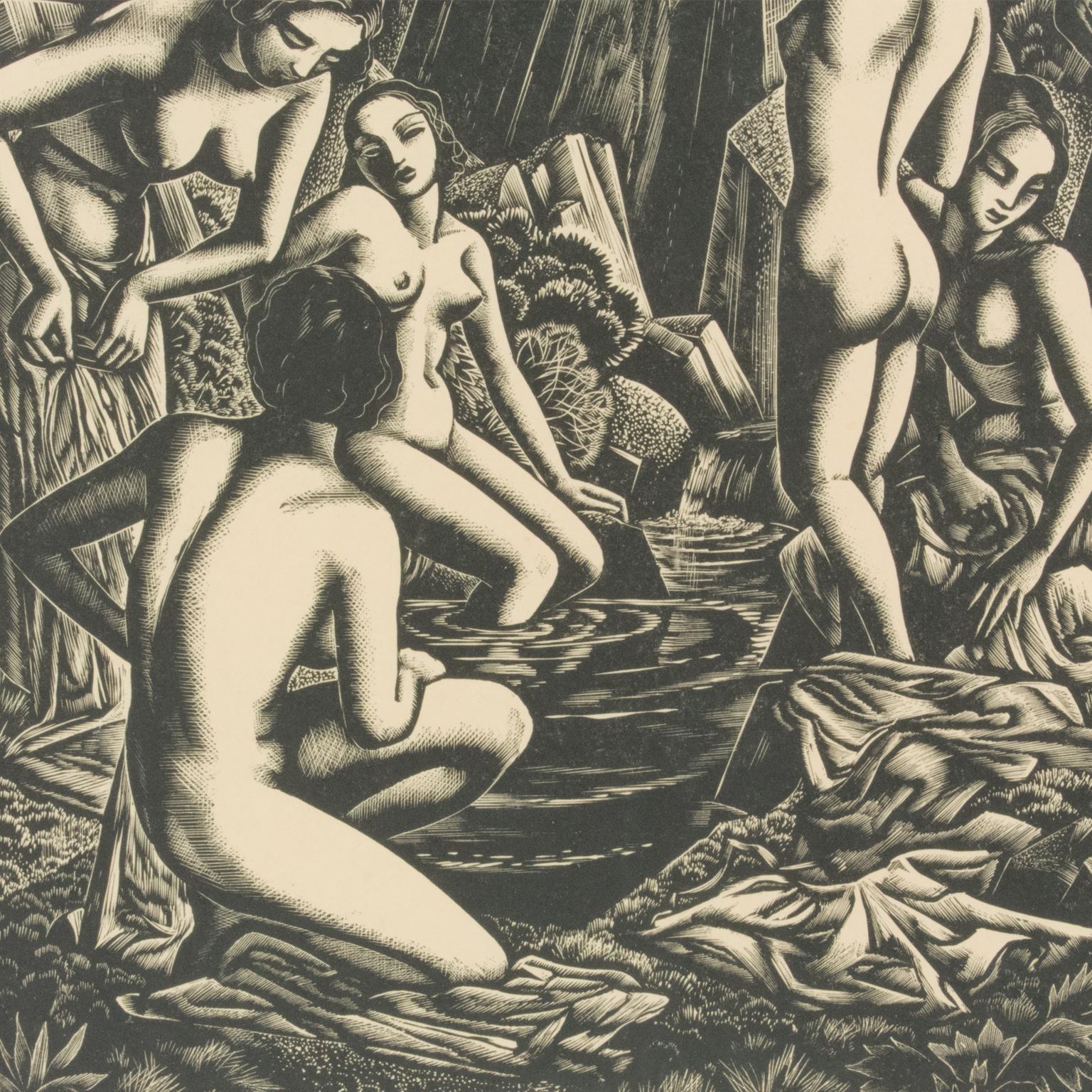 Los bañistas, grabado en madera, dibujo, litografía de John Buckland-Wright en venta 8