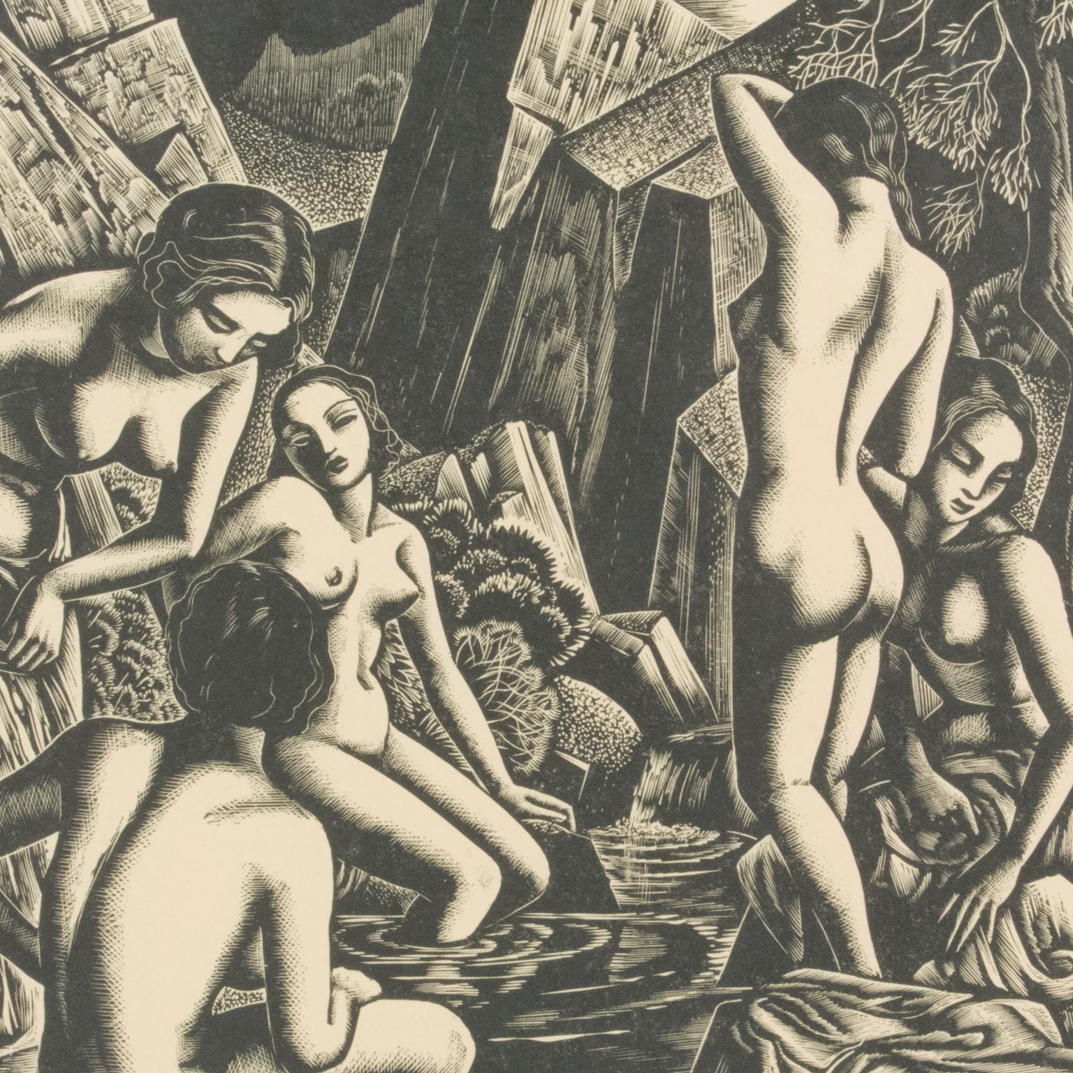 Los bañistas, grabado en madera, dibujo, litografía de John Buckland-Wright en venta 9
