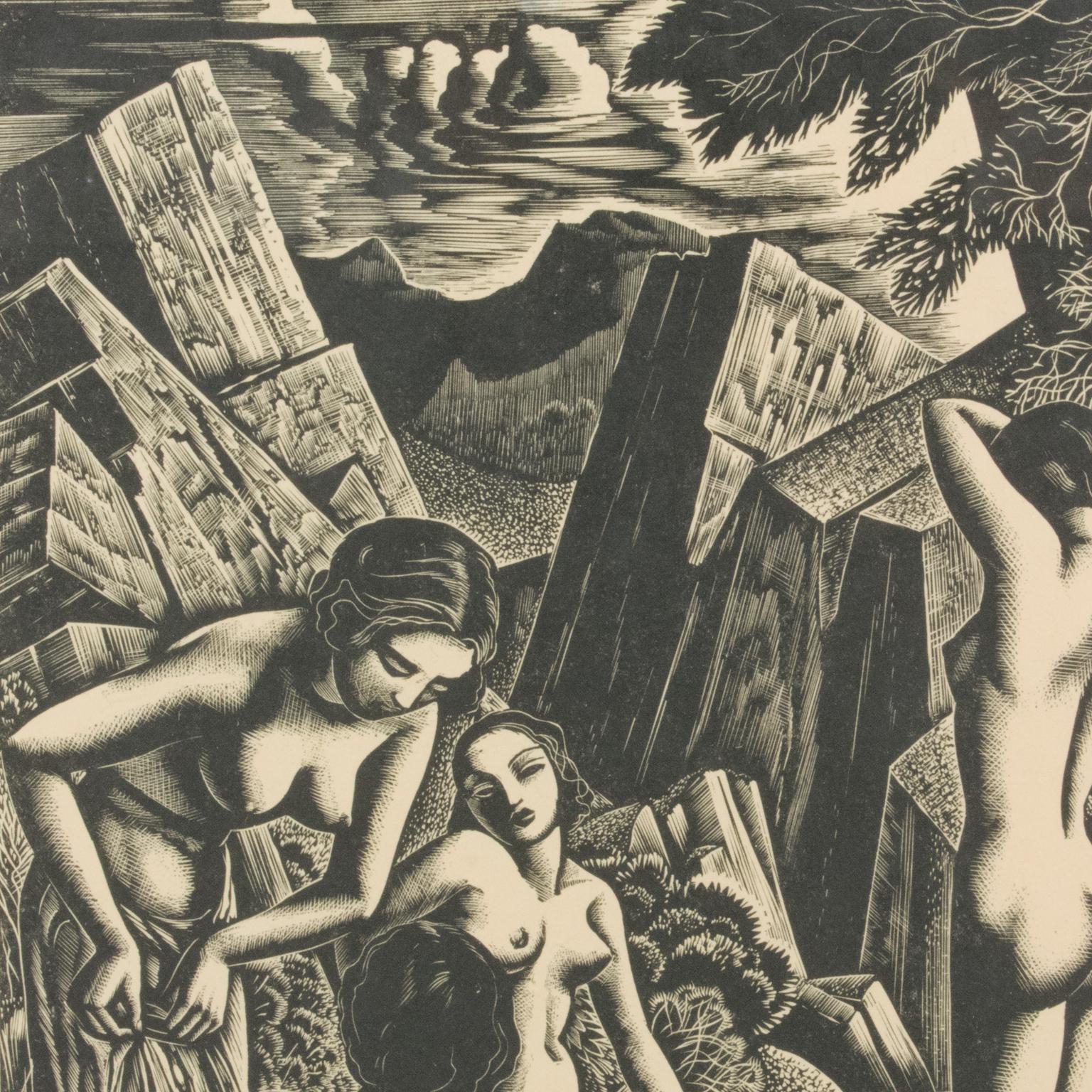 Los bañistas, grabado en madera, dibujo, litografía de John Buckland-Wright en venta 10