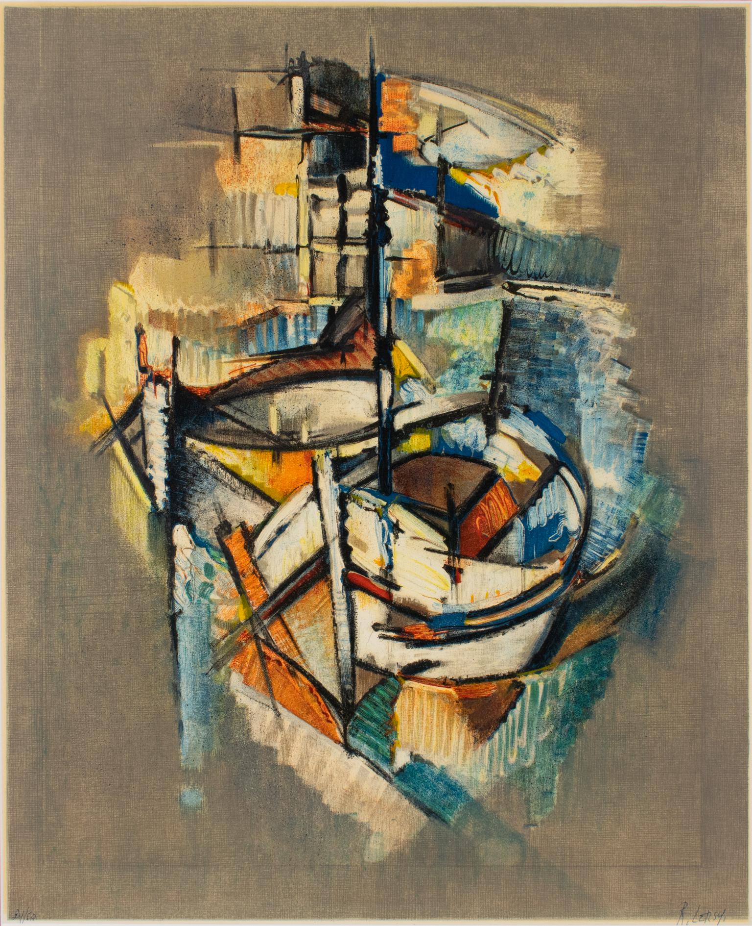 Abstract Cubist Seascape Lithograph by Roger Lersy For Sale 1