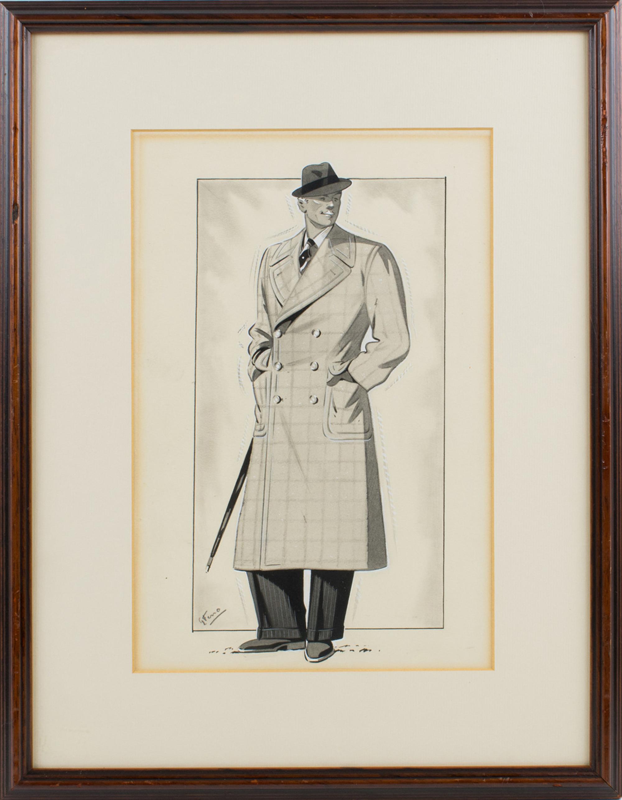 Esta Ilustración de Moda Art Decó original de G. Ferro es un llamativo dibujo a tinta y aguada sobre papel vitela del artista francés G. Ferro. La asombrosa composición Art Decó captura una elegante figura masculina vestida con un abrigo