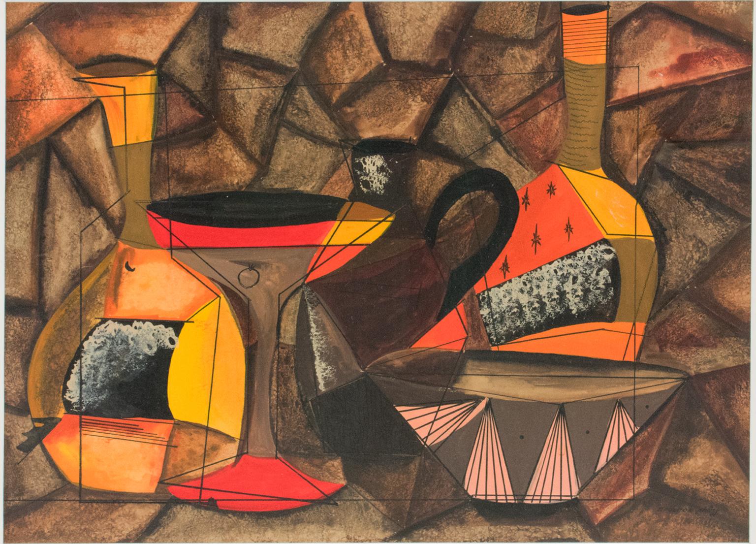 Cubist Still Life Composition Gouache Painting by A Derek Ching For Sale 6