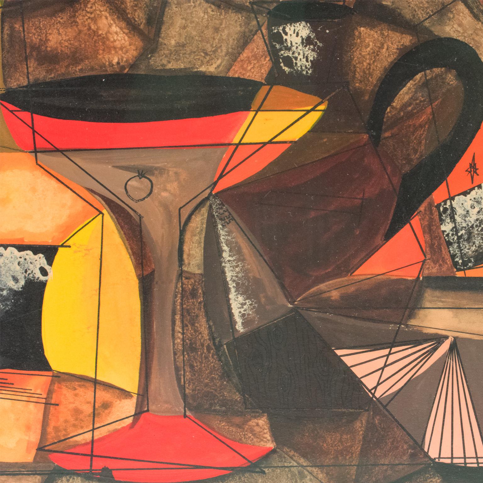 Cubist Still Life Composition Gouache Painting by A Derek Ching For Sale 8