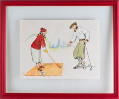 Französisch Art Deco Golf Lektion Illustration Aquarell Zeichnung nach René Vincent