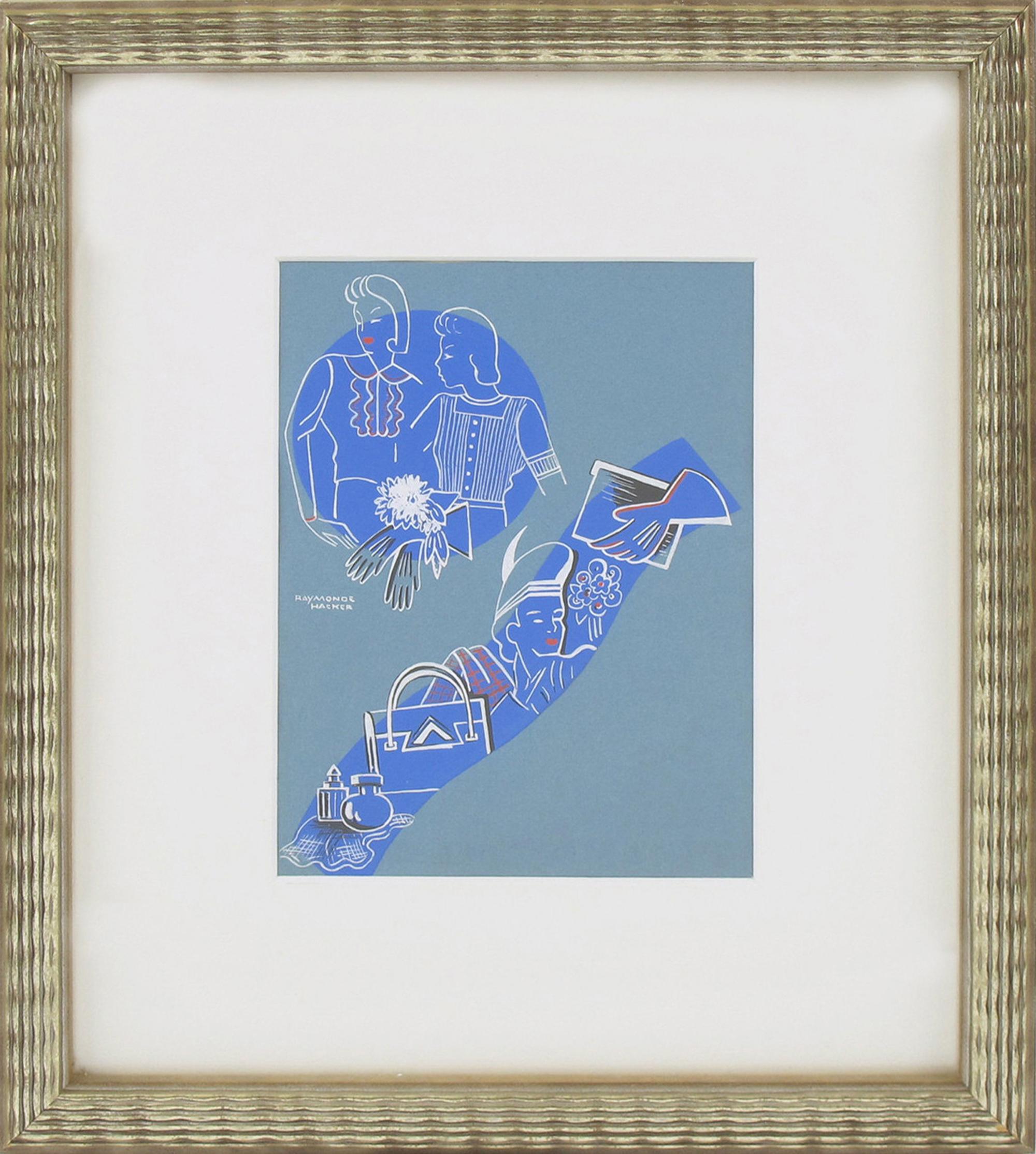 Este elegante dibujo, refinado ejemplo de la ilustración Art Déco francesa, está realizado en tinta y aguada sobre papel verjurado azul y muestra la estética elegante y a la moda de los años treinta. La composición reúne una cuidada selección de