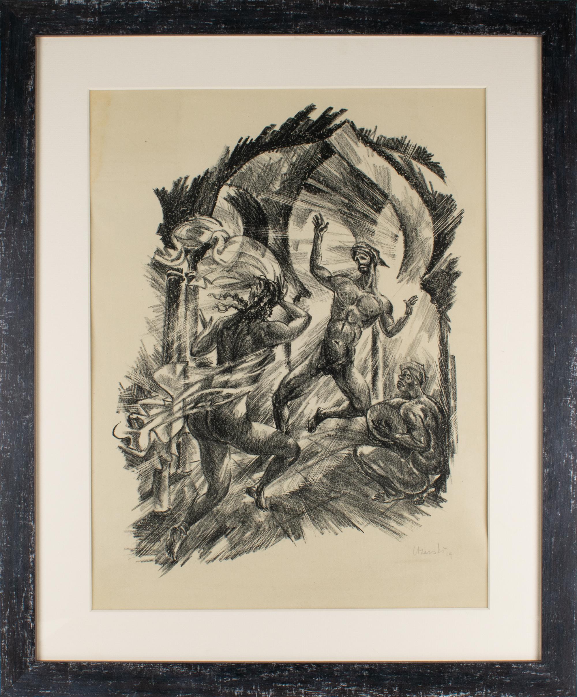 The Musician, Charcoal Lithograph Drawing by Adolf Uzarski, Tutinama Series 1919
