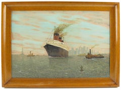 SS Normandie Transatlantic Ocean Liner in New York Oil on Board Painting 