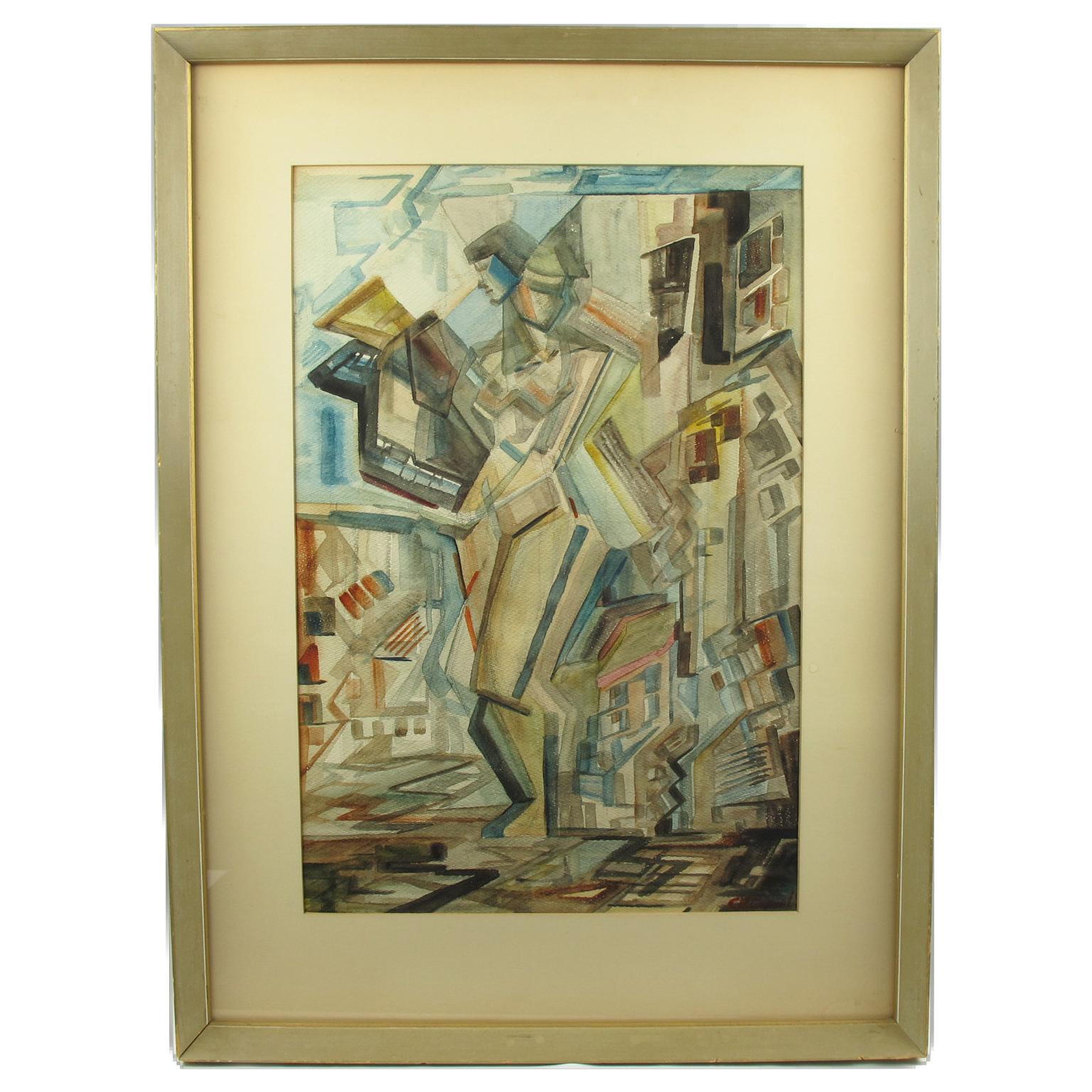 C. R. Gabriel Abstract Drawing - American Modernist Nude Female Cubist Watercolor Painting