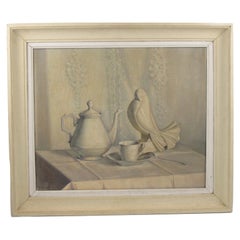 Vintage Art Deco Still-Life Jacques Adnet Crackled Ceramic Bird Oil on Canvas Painting