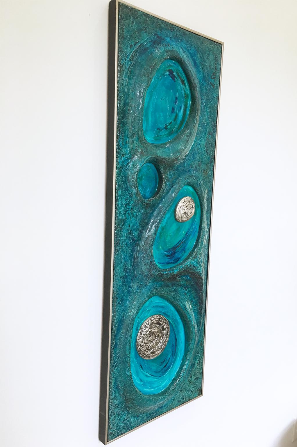 Psychedelic Turquoise Acrylic Resin Art Wall Sculpture Panel by Lorraine Stelzer For Sale 4