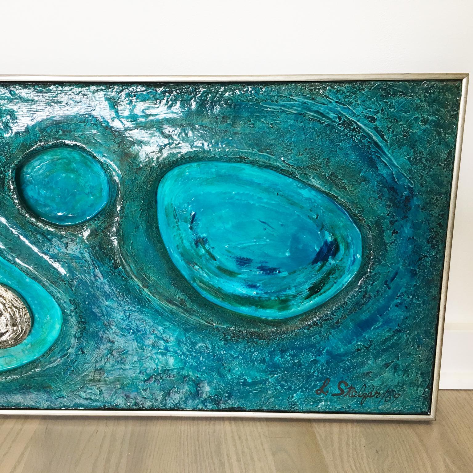Psychedelic Turquoise Acrylic Resin Art Wall Sculpture Panel by Lorraine Stelzer For Sale 7