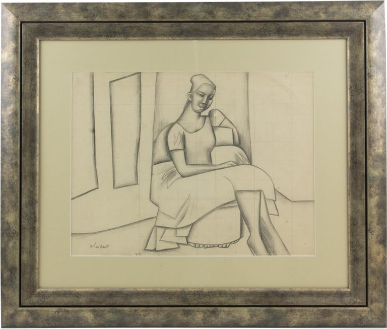 Cubist Seated Woman Study Black Pencil on Paper Drawing by Wouyart 1