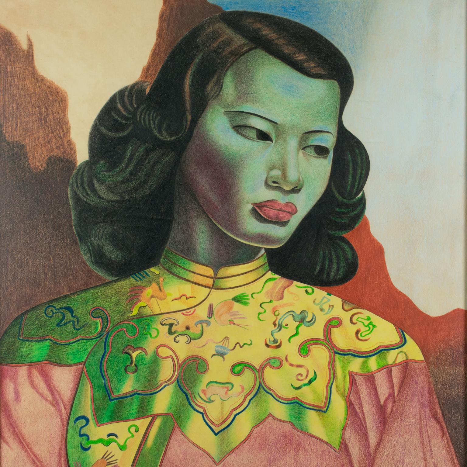 After Vladimir Tretchikoff The Green Lady Pastel Painting by F.H. Koning - Brown Portrait Painting by F. H. Koning