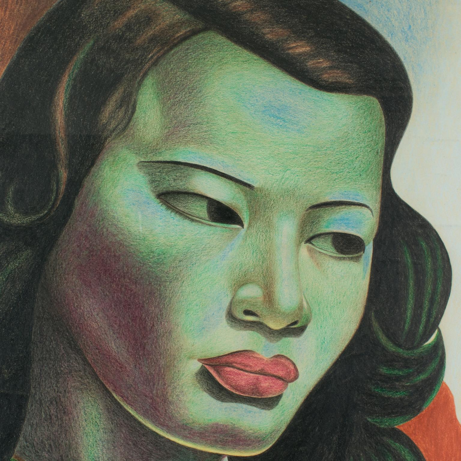After Vladimir Tretchikoff The Green Lady Pastel Painting by F.H. Koning 1