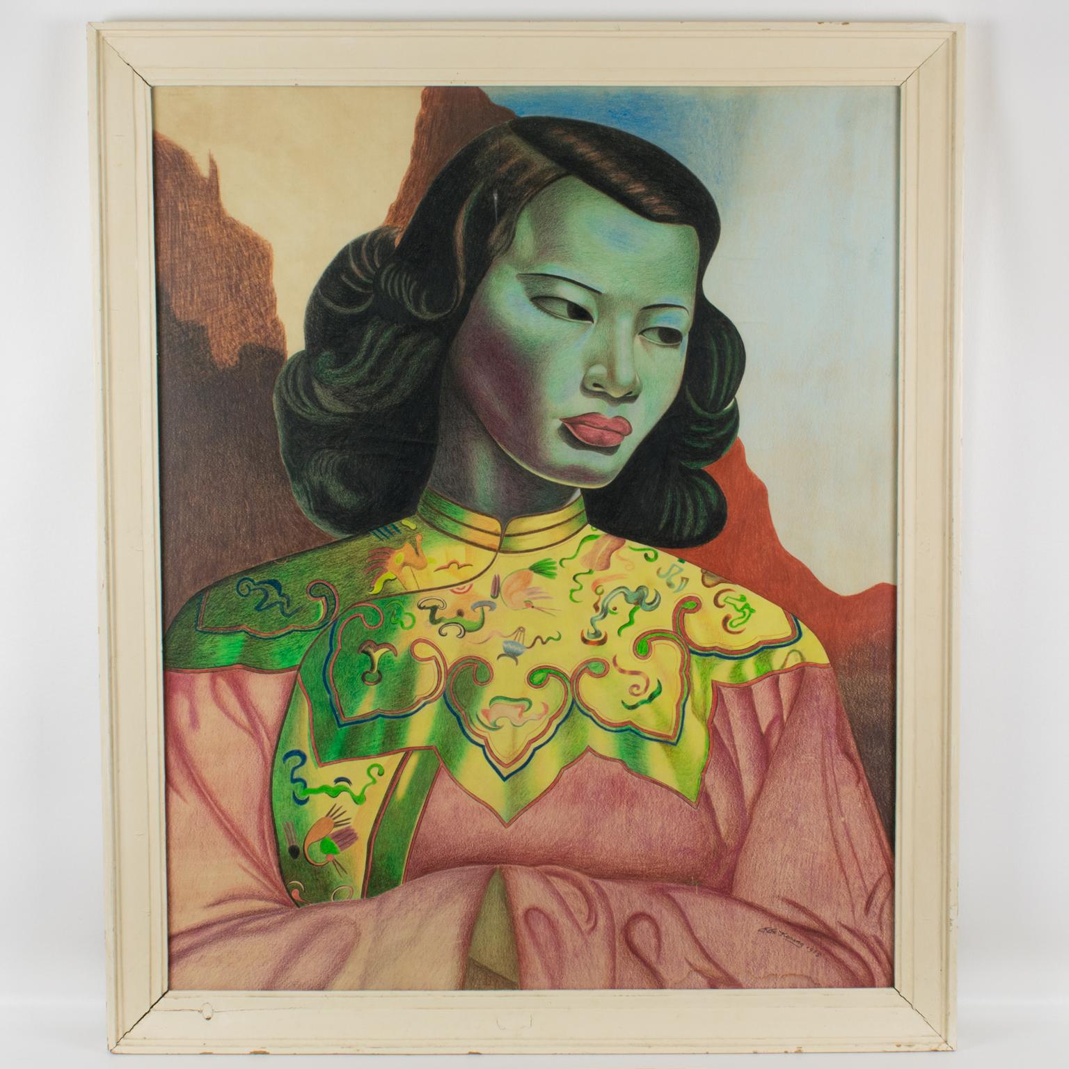 After Vladimir Tretchikoff The Green Lady Pastel Painting by F.H. Koning 5