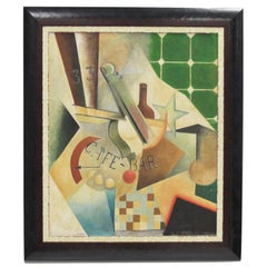 Russian School Art Deco Cubist Gouache and Collage on Board Painting by Chiokine