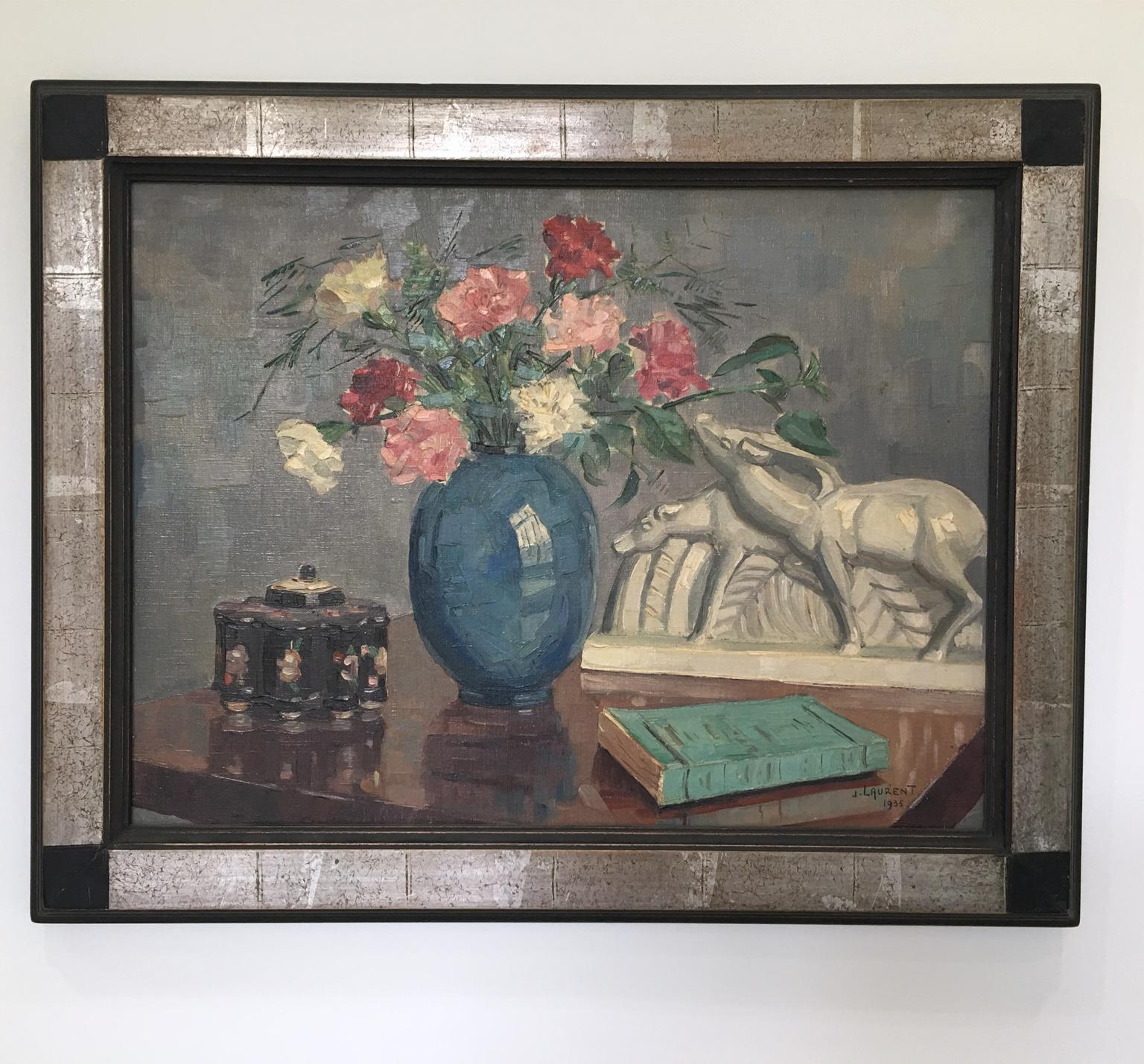 French Art Deco Still-Life Lemanceau Crackle Ceramic Oil on Canvas Painting  - Gray Still-Life Painting by J. Laurent