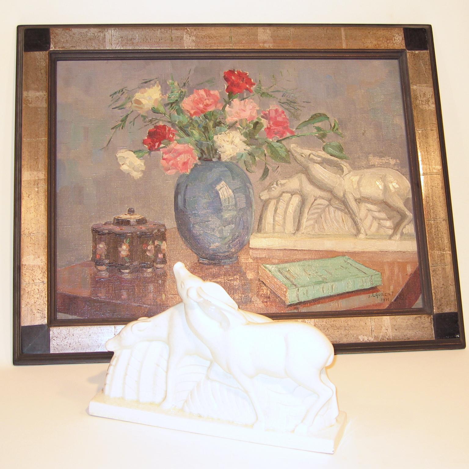 French Art Deco Still-Life Lemanceau Crackle Ceramic Oil on Canvas Painting  8
