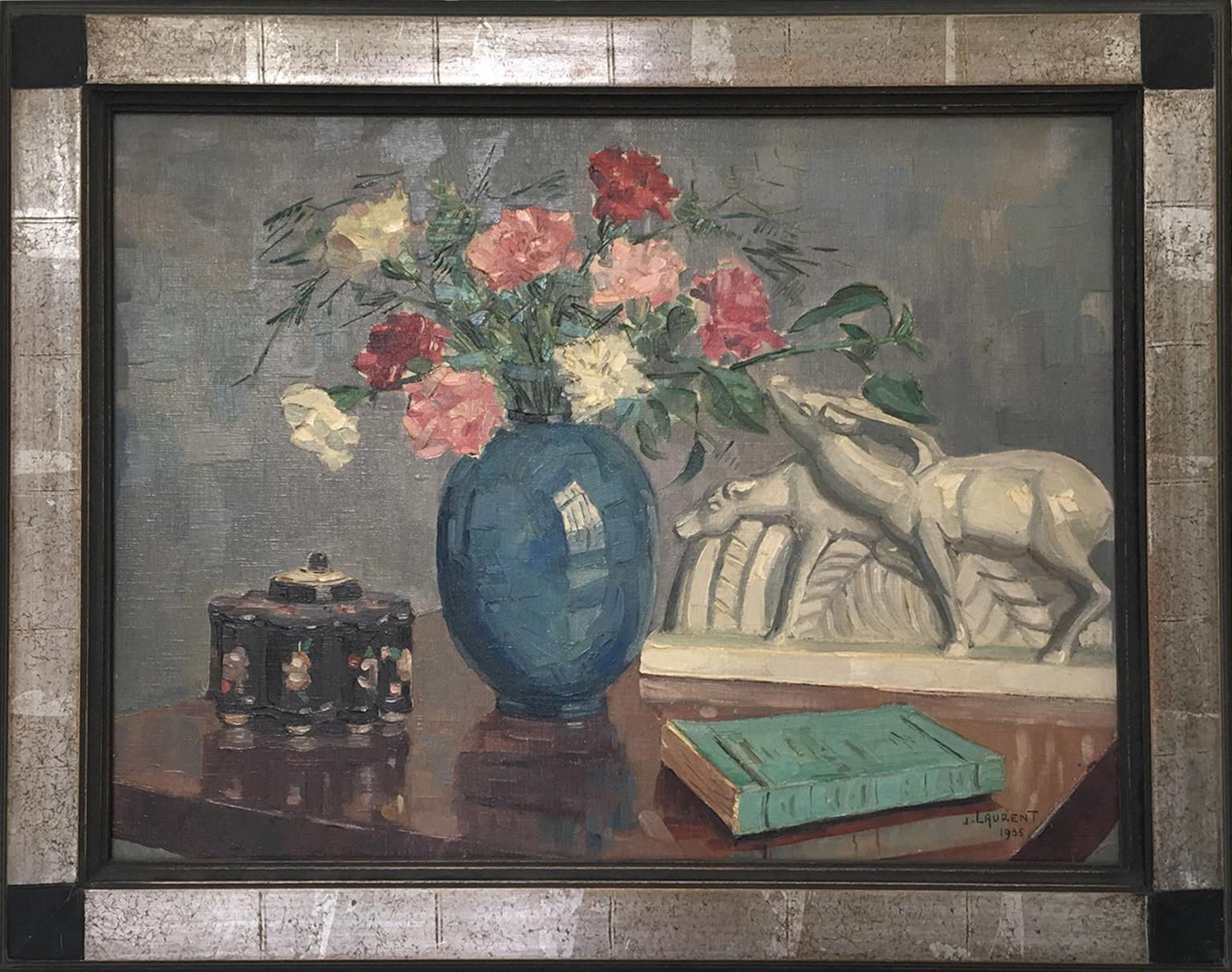 J. Laurent Still-Life Painting - French Art Deco Still-Life Lemanceau Crackle Ceramic Oil on Canvas Painting 