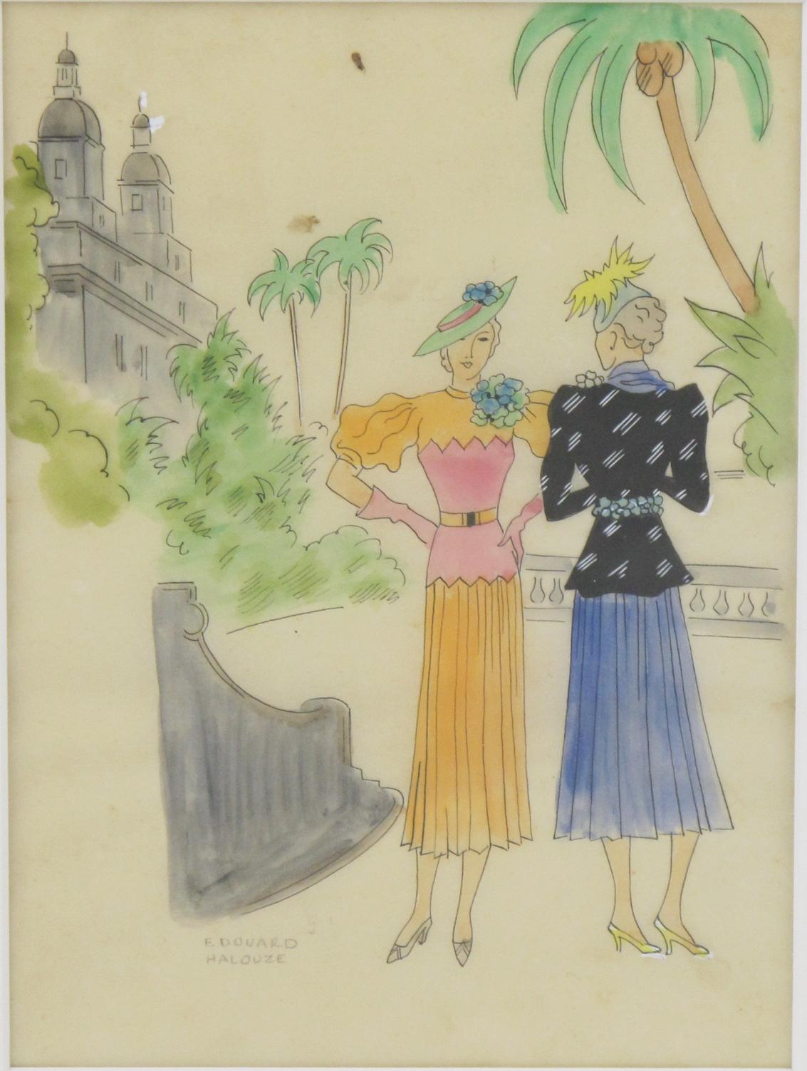 French Fashion Illustration Art Deco Watercolor Drawing by Edouard Halouze 5