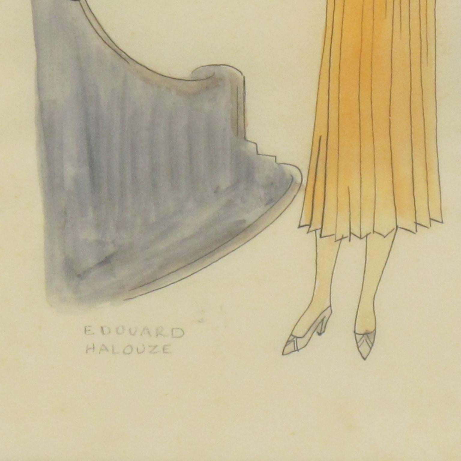 French Fashion Illustration Art Deco Watercolor Drawing by Edouard Halouze 3