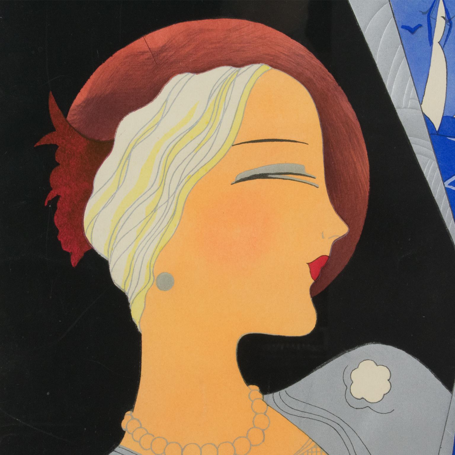 Original Art Deco drawing or painting on Vellum paper, featuring a woman portrait with an incredibly stylish flair. This hand-made piece is probably a draft, notice the sea and the sailboats in the upper right corner which reminds us of a possible