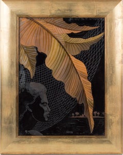 Peinture en verre inversé africaniste Art déco français des années 1930 par P. Revollon