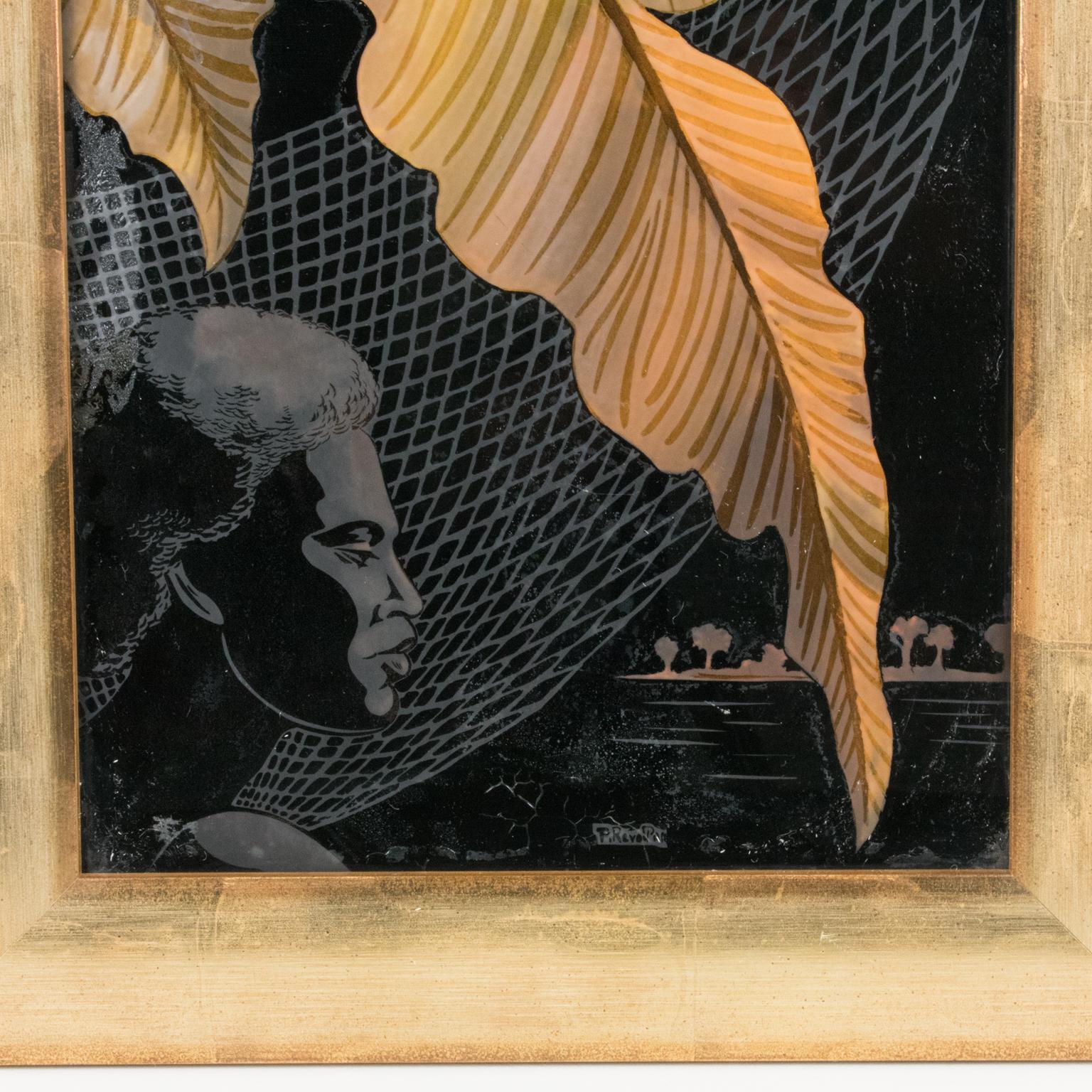 Peinture en verre inversé africaniste Art déco français des années 1930 par P. Revollon 4