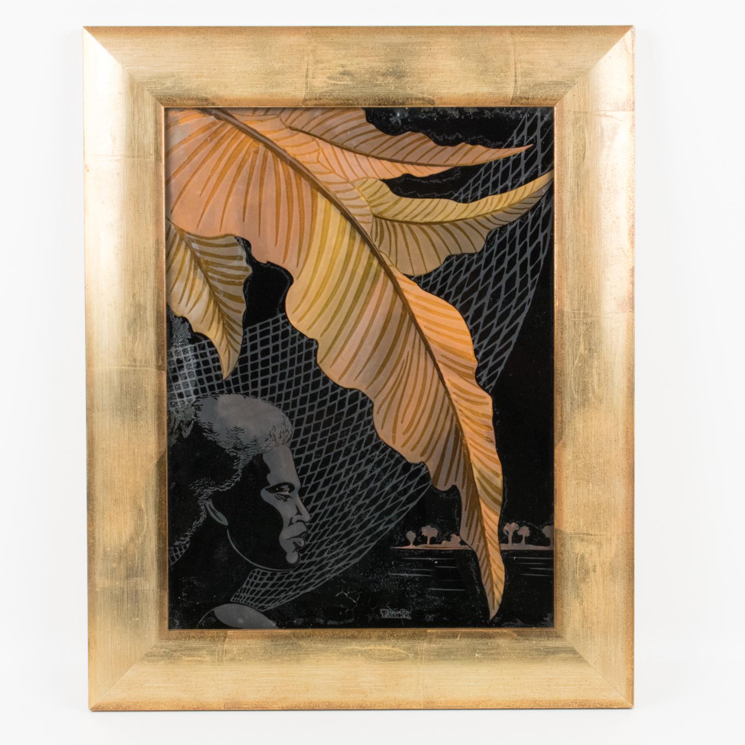 Peinture en verre inversé africaniste Art déco français des années 1930 par P. Revollon 8